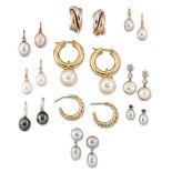 A pair of diamond and cultured pearl earrings, and nine various cultured pearl and other earrings,