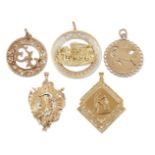 A collection of five pendants, two with British hallmarks for 9-carat gold, two stamped 18k for 18-