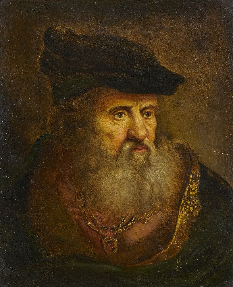 After Govaert Flinck, Dutch 1615-1660- Portrait of an old man with a beret and chain; oil on copper,