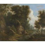 Circle of Thomas Barker of Bath, British 1769-1847- A wooded landscape on the edge of a lake; oil on