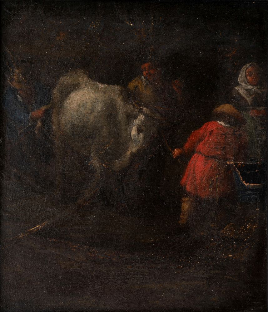 Dutch School, 18th Century- Four figures with cow; oil on panel, 15 x 12.8 cm. Provenance: Private