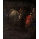 Dutch School, 18th Century- Four figures with cow; oil on panel, 15 x 12.8 cm. Provenance: Private