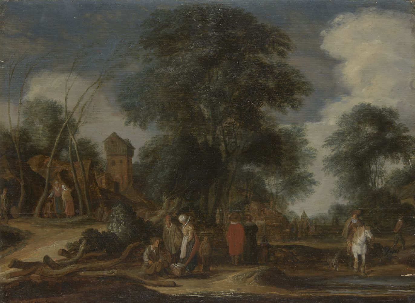 Attributed to Pieter Molyn, Dutch 1595-1661- A wooded rural scene on the outskirts of a village; oil