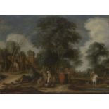 Attributed to Pieter Molyn, Dutch 1595-1661- A wooded rural scene on the outskirts of a village; oil