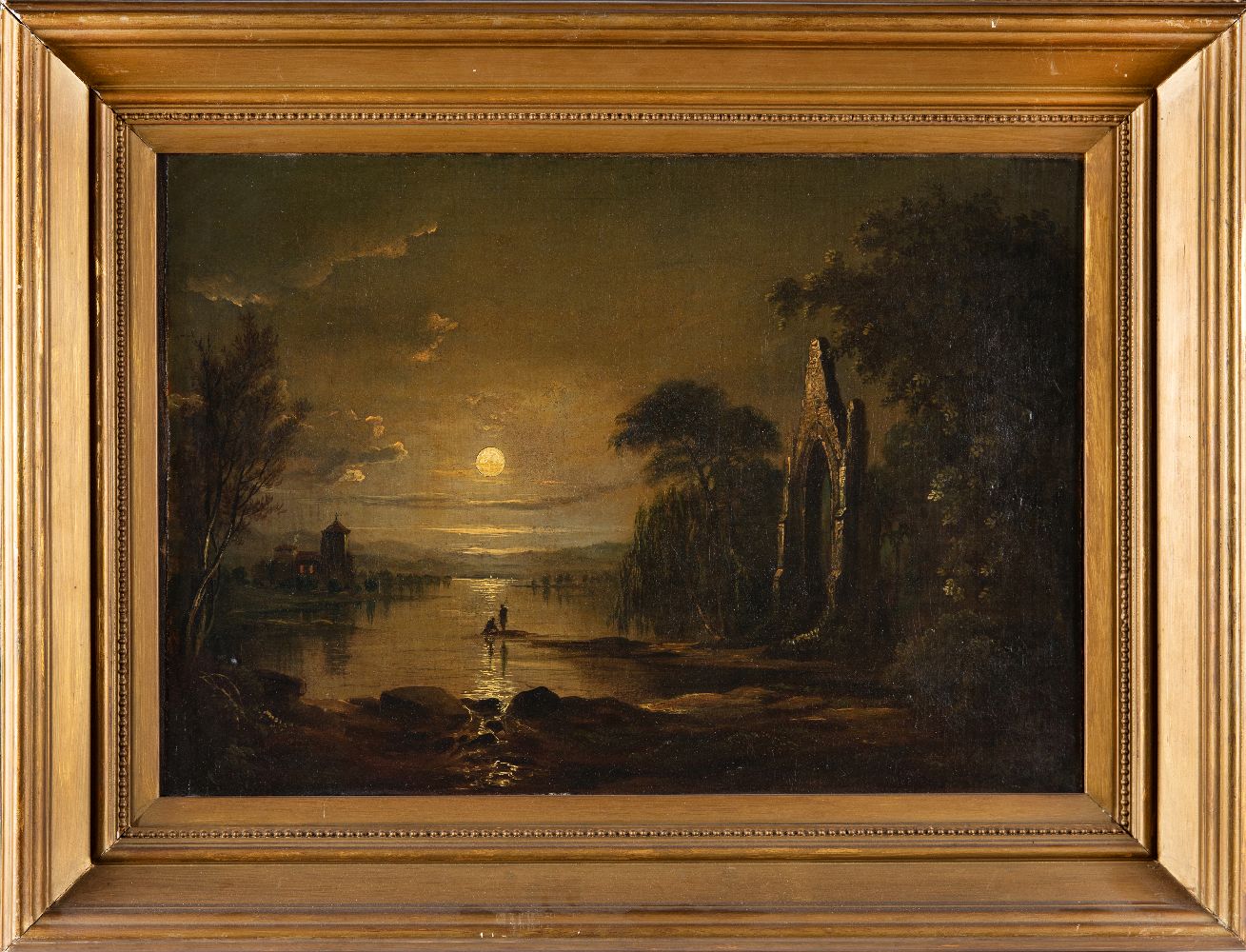 Follower of Sebastian Pether, British 1790-1844- A moonlit river landscape with two figures, - Image 2 of 3