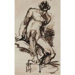 Attributed to George Romney, British 1734-1802- Study of a male nude, seated; pen and brown ink on