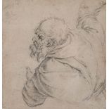 Bolognese School, 17th Century- Profile of a bearded old man with a raised arm; black chalk on