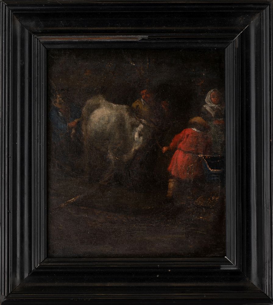 Dutch School, 18th Century- Four figures with cow; oil on panel, 15 x 12.8 cm. Provenance: Private - Image 2 of 3