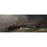 Circle of William Callcott Knell, British 1830-1880- Fishermen on choppy seas beneath stormy