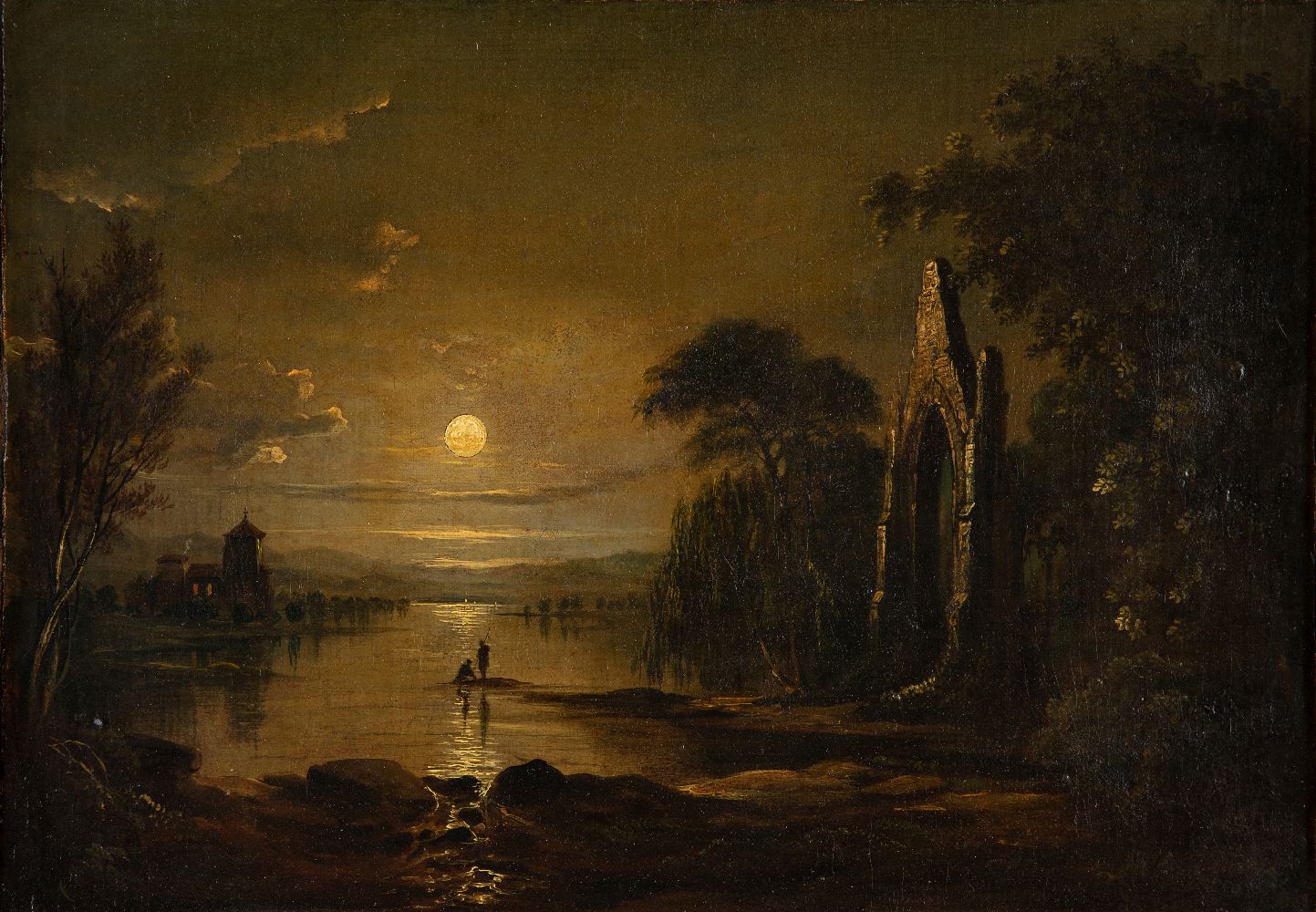 Follower of Sebastian Pether, British 1790-1844- A moonlit river landscape with two figures,