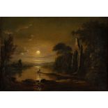 Follower of Sebastian Pether, British 1790-1844- A moonlit river landscape with two figures,