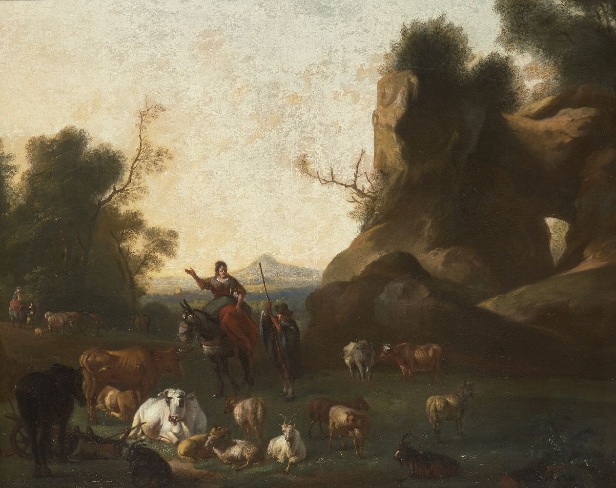 Circle of Nicolaes Pietersz Berchem, Dutch 1620-1683- A pastoral landscape with figures and animals;