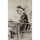 Alfred Bryan, British 1852-1899- Woman at the table wearing a large hat and playing cribbage; pen