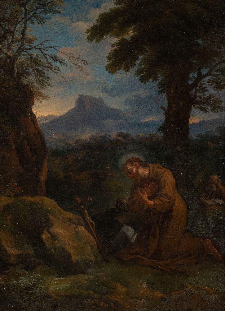 Roman School, Circa 1700- Saint Francis of Assisi at prayer in a mountainous landscape; oil on