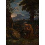 Roman School, Circa 1700- Saint Francis of Assisi at prayer in a mountainous landscape; oil on