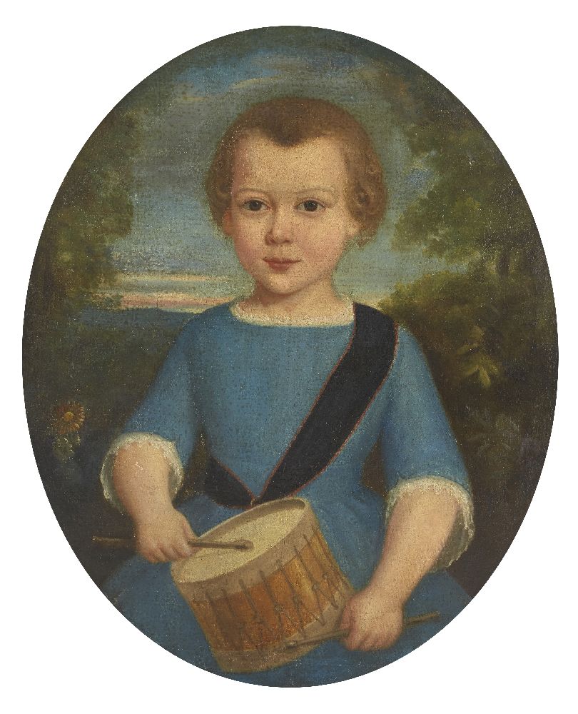 Follower of Thomas Hudson, British 1701-1779- Portrait of a boy playing the drums; oil on canvas