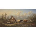 Prosper Ferey, French, early-mid 19th Century- Cattle drovers on a hillside; oil on canvas, signed