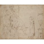 Girolamo da Carpi, Italian 1501-1556- A Sheet of Studies - Drunken Silenus, Woman with Vase, Urn;