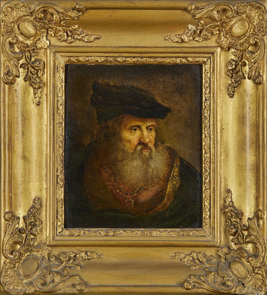 After Govaert Flinck, Dutch 1615-1660- Portrait of an old man with a beret and chain; oil on copper, - Image 2 of 3