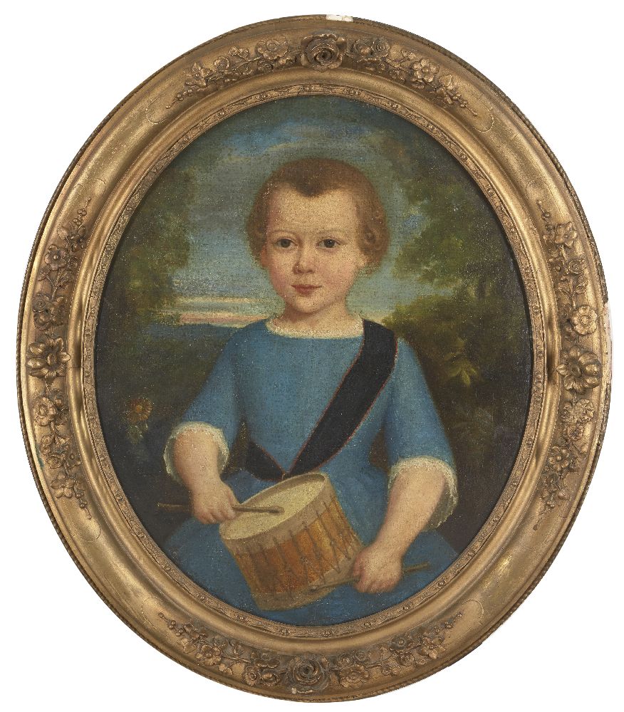 Follower of Thomas Hudson, British 1701-1779- Portrait of a boy playing the drums; oil on canvas - Image 2 of 3