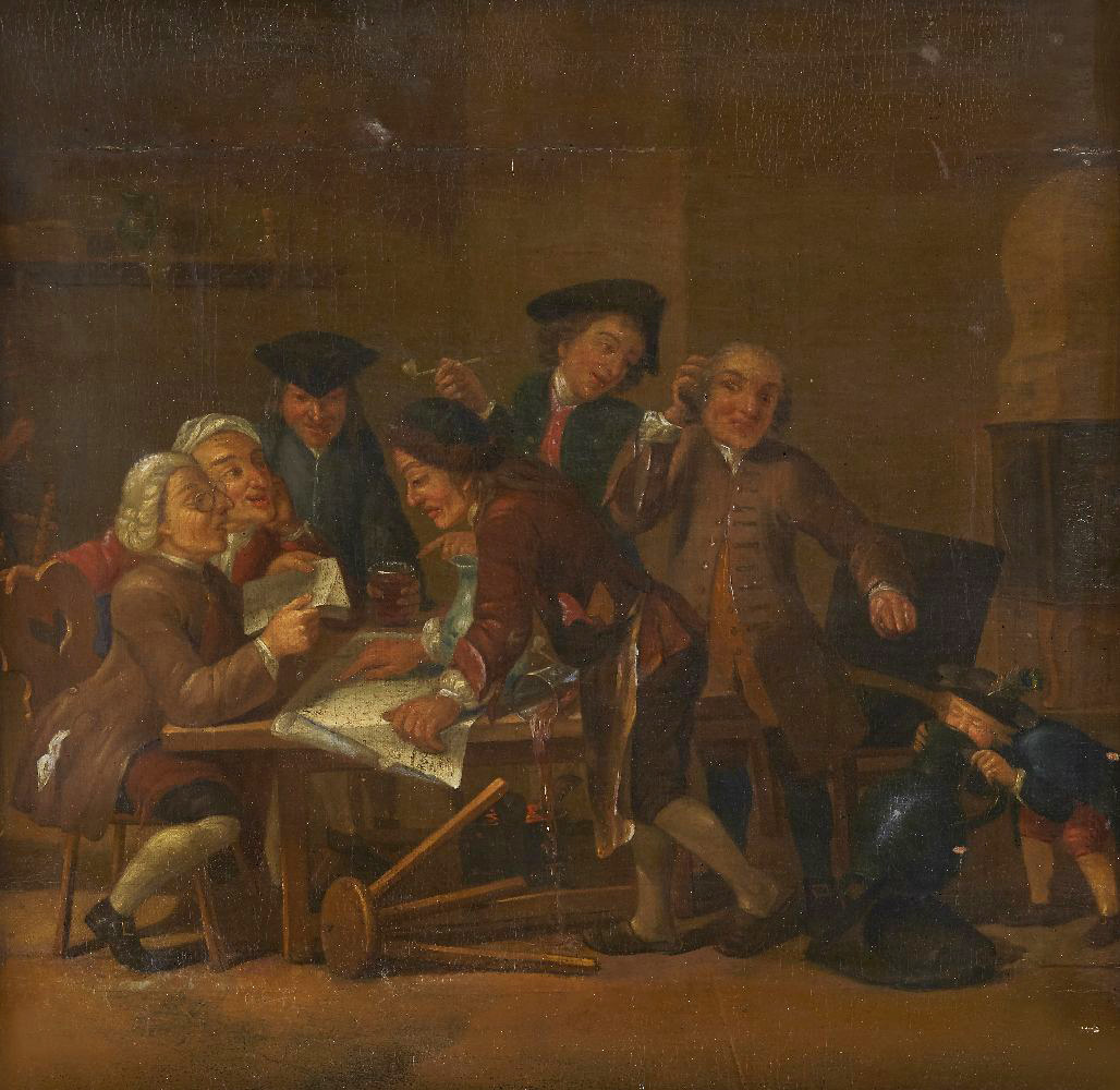Northern European School, early 18th Century- Figures reading and merrymaking in an interior; oil on