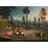 Follower of Peter Tillemans, Flemish 1684-1734- A wooded landscape with two riders, two ladies