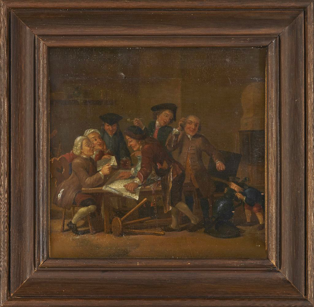 Northern European School, early 18th Century- Figures reading and merrymaking in an interior; oil on - Image 2 of 3