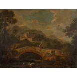 Italian School, 18th Century- An extensive mountainous landscape with an Italian palazzo and two