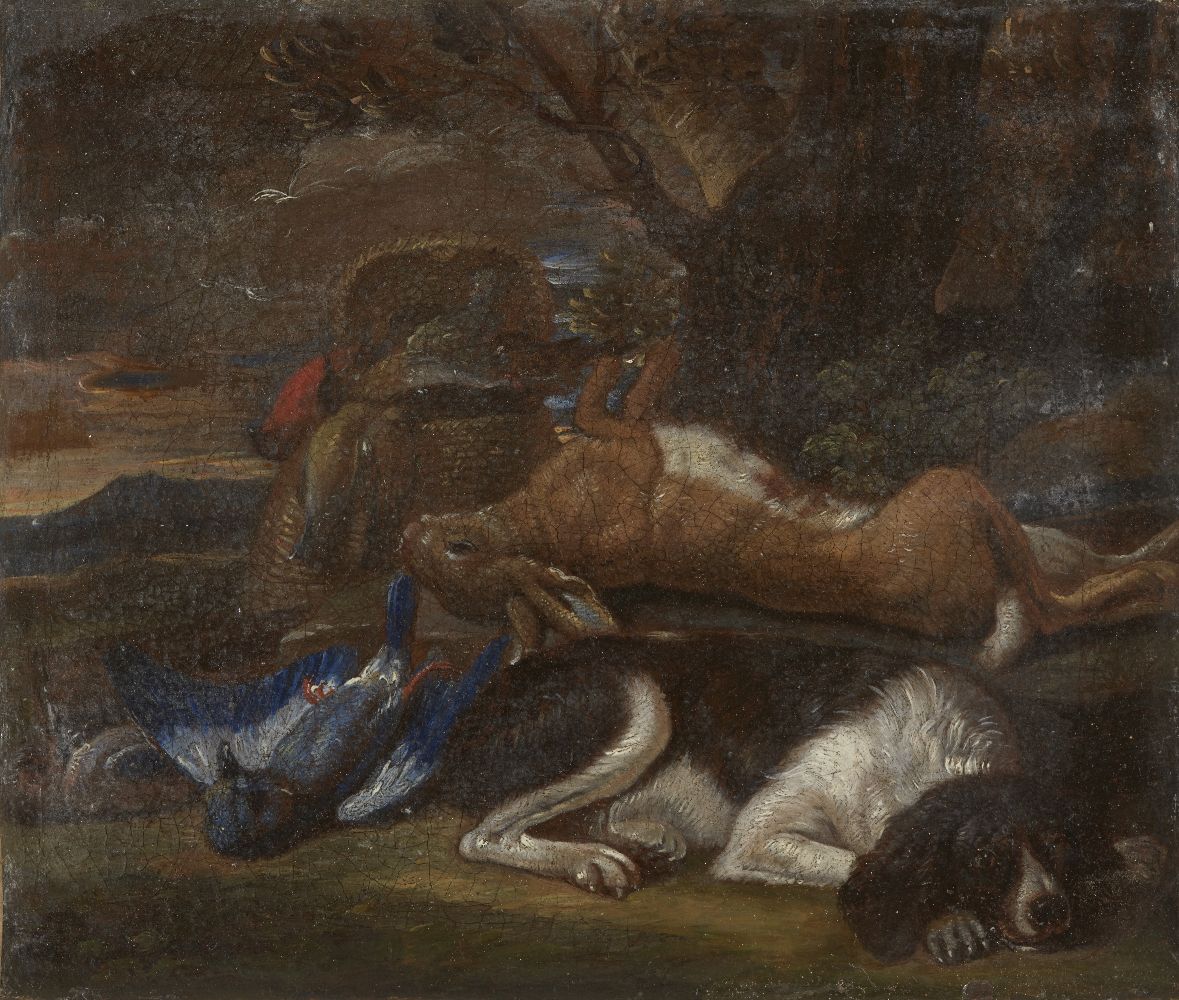 After David De Coninck, 17th Century, Return from the hunt: A hare, game birds, and a dog; oil on