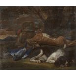 After David De Coninck, 17th Century, Return from the hunt: A hare, game birds, and a dog; oil on