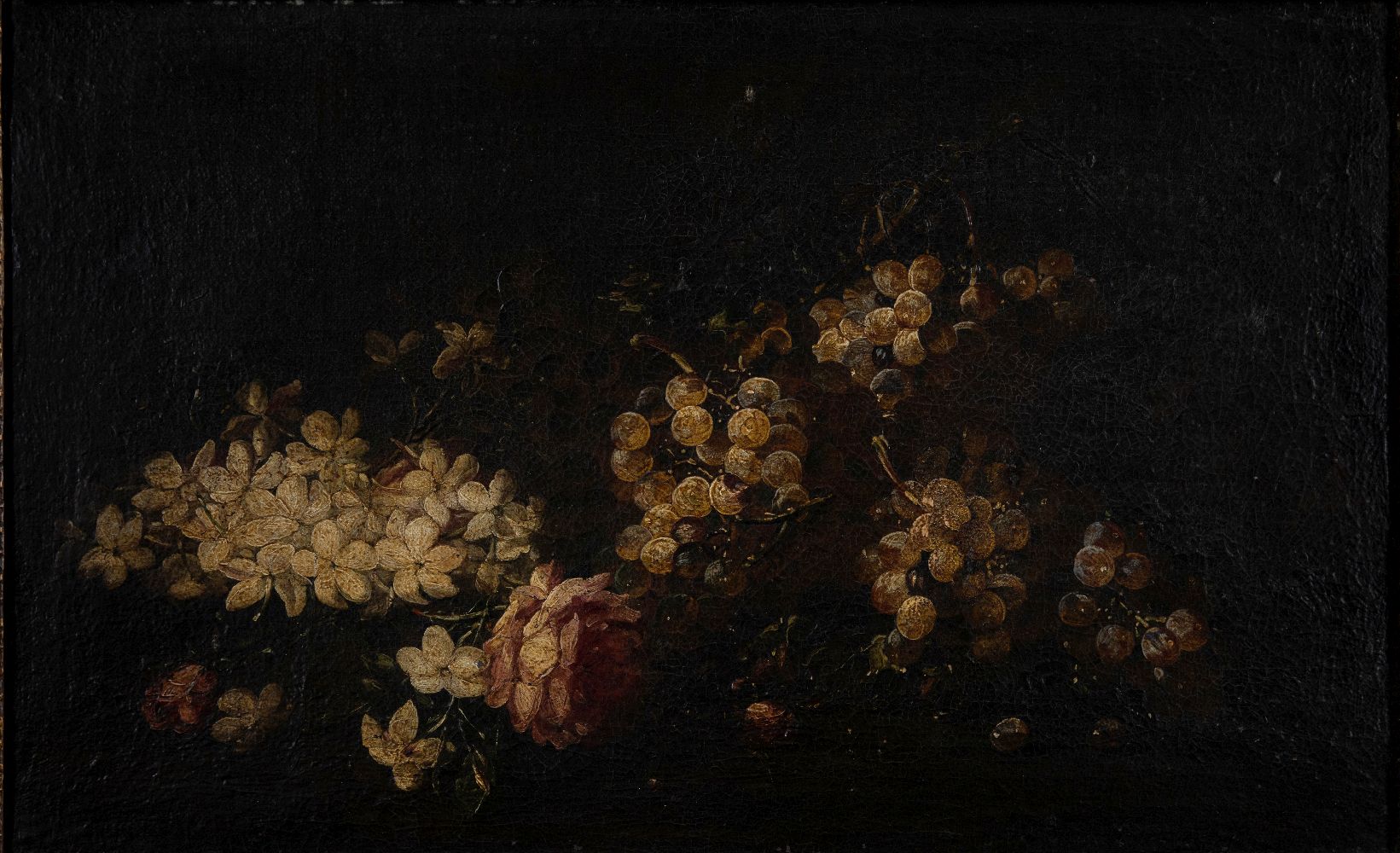 Follower of Bartholomeus Assteyn, Dutch 1607-1677- Still life with flowers and grapes; oil on