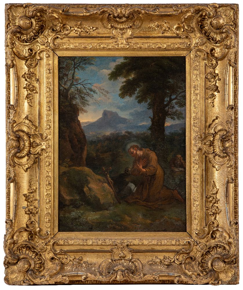 Roman School, Circa 1700- Saint Francis of Assisi at prayer in a mountainous landscape; oil on - Image 2 of 3