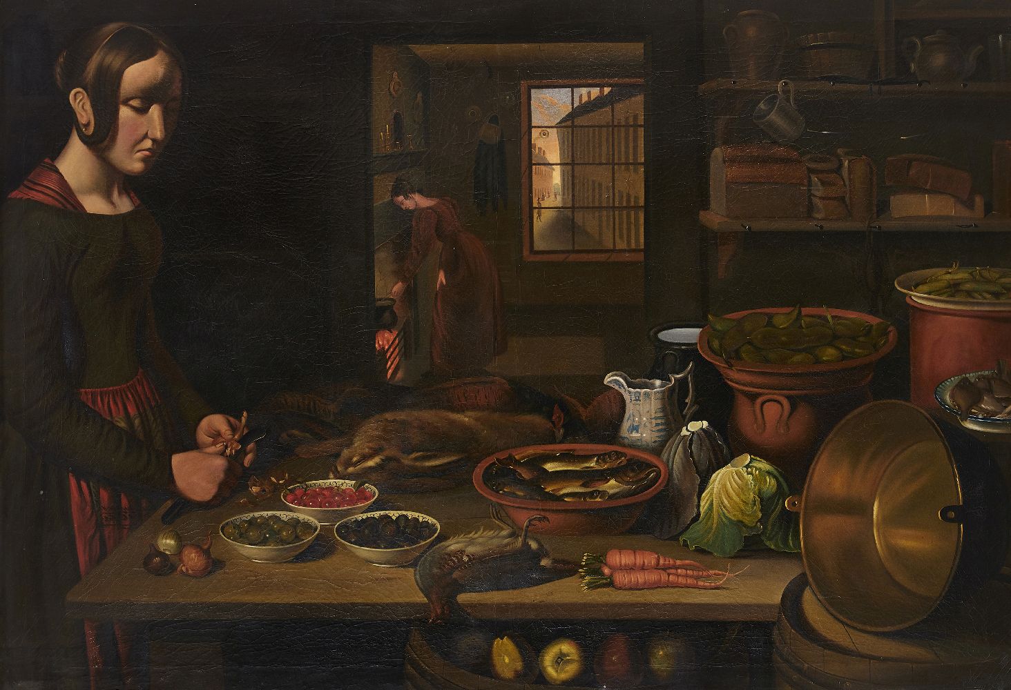 Manner of Joachim Beuckelaer, early 19th Century- Preparing food in the kitchen; oil on canvas,