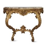 A Louis XV style giltwood console table with marble top, c.1860, with elaborately carved detailed