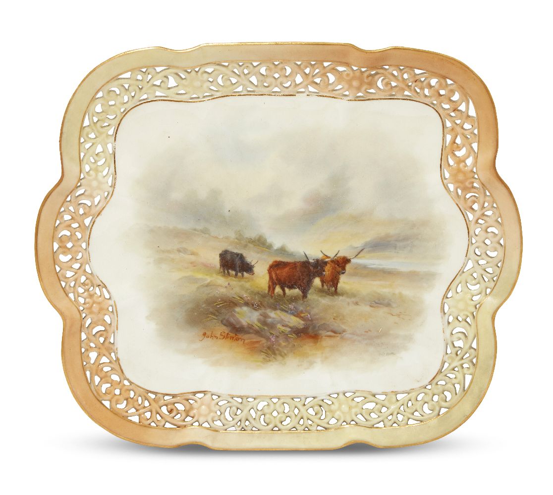 A Royal Worcester cabinet plate/dish, signed John Stinton, 1907, depicting Highland Cattle within