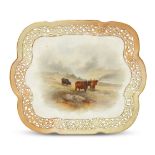 A Royal Worcester cabinet plate/dish, signed John Stinton, 1907, depicting Highland Cattle within