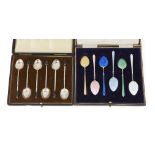 A cased set of Norwegian guilloché enamelled coffee spoons, stamped 830S, Bergen, Marius Hammer,