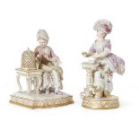 Two Meissen models of ladies, late 19th century, one in lace trimmed hat dealing cards at a tripod