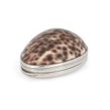 A cowrie shell snuff box, probably 19th century, the hinged cover (unmarked) engraved with