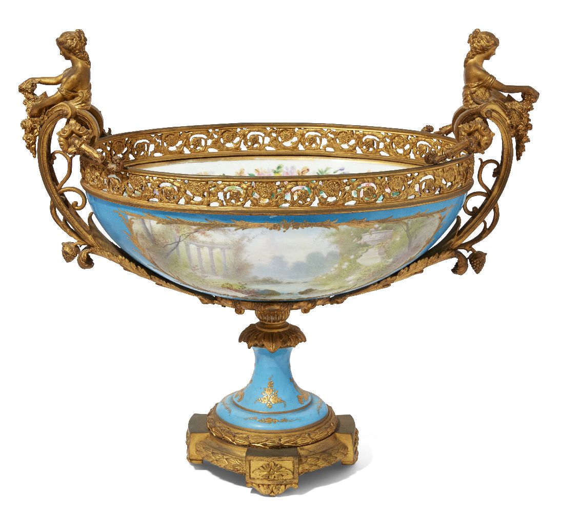 A large French gilt-bronze mounted Sevres style porcelain bowl, late 19th century, with pierced