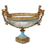 A large French gilt-bronze mounted Sevres style porcelain bowl, late 19th century, with pierced