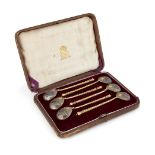 A cased set of six Russian silver gilt and niello spoons, Moscow, 1872, Mikhail Karpinsky, assay