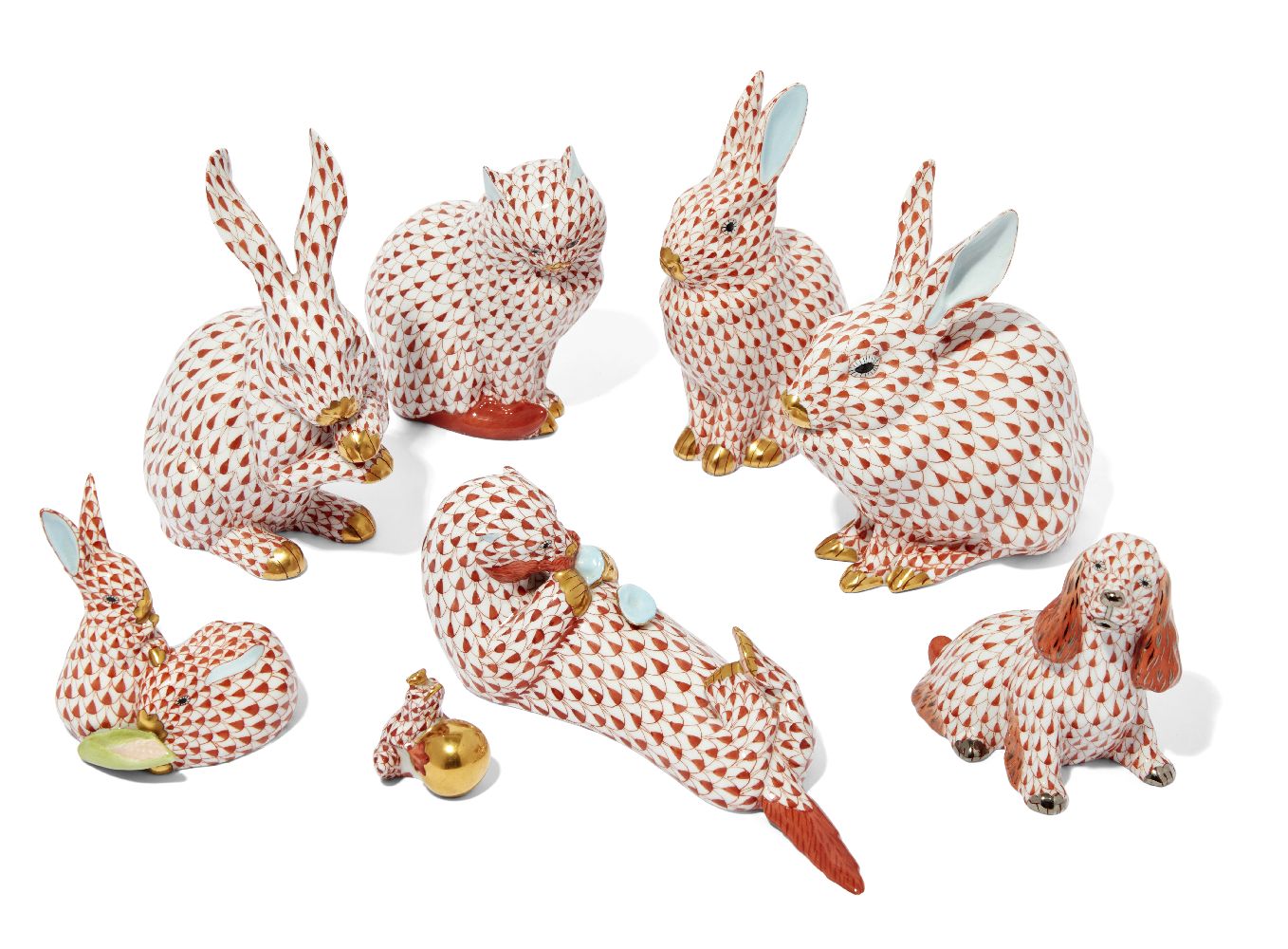 A group of modern Herend porcelain animals, late 20th/early 21st century, hand-painted in the red