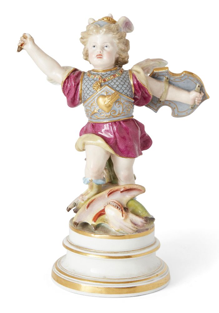 A Meissen model of Victorious Cupid as St George, late 19th century, holding aloft a shield and