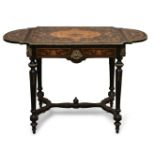 A Victorian ebonised and marquetry inlaid drop leaf side table, the rectangular top with canted