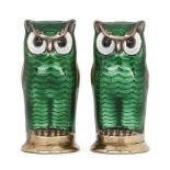 A pair of Norwegian silver gilt and green enamel owl peppers, by David Andersen, both modelled in
