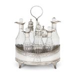 A George III silver condiment set, London,1795, Joseph Scammell, the bright-cut decorated oval stand