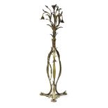 A French bronze standard lamp, early 20th century, naturalistically cast, the branches terminating