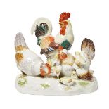 A Meissen porcelain group of chickens, designed by Augst Ringler, late 20th century, comprising