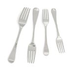 A matched set of twelve George III Old English pattern table forks, comprising nine examples by